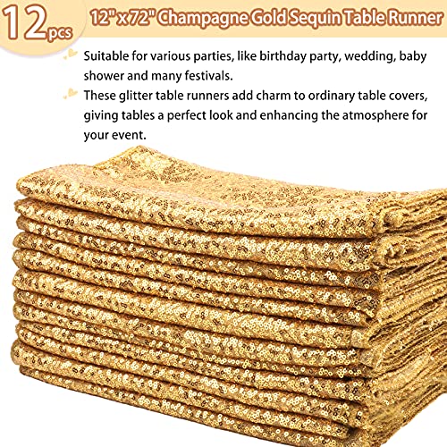 12 Packs 12 X 72 Inch Sequin Table Runner Glitter Dining Table Runner For Birthday Wedding Engagement Bridal Baby Shower Bachelorette Holiday Celebration Party Supplies Decorations (Champagne Gold) #TOP1