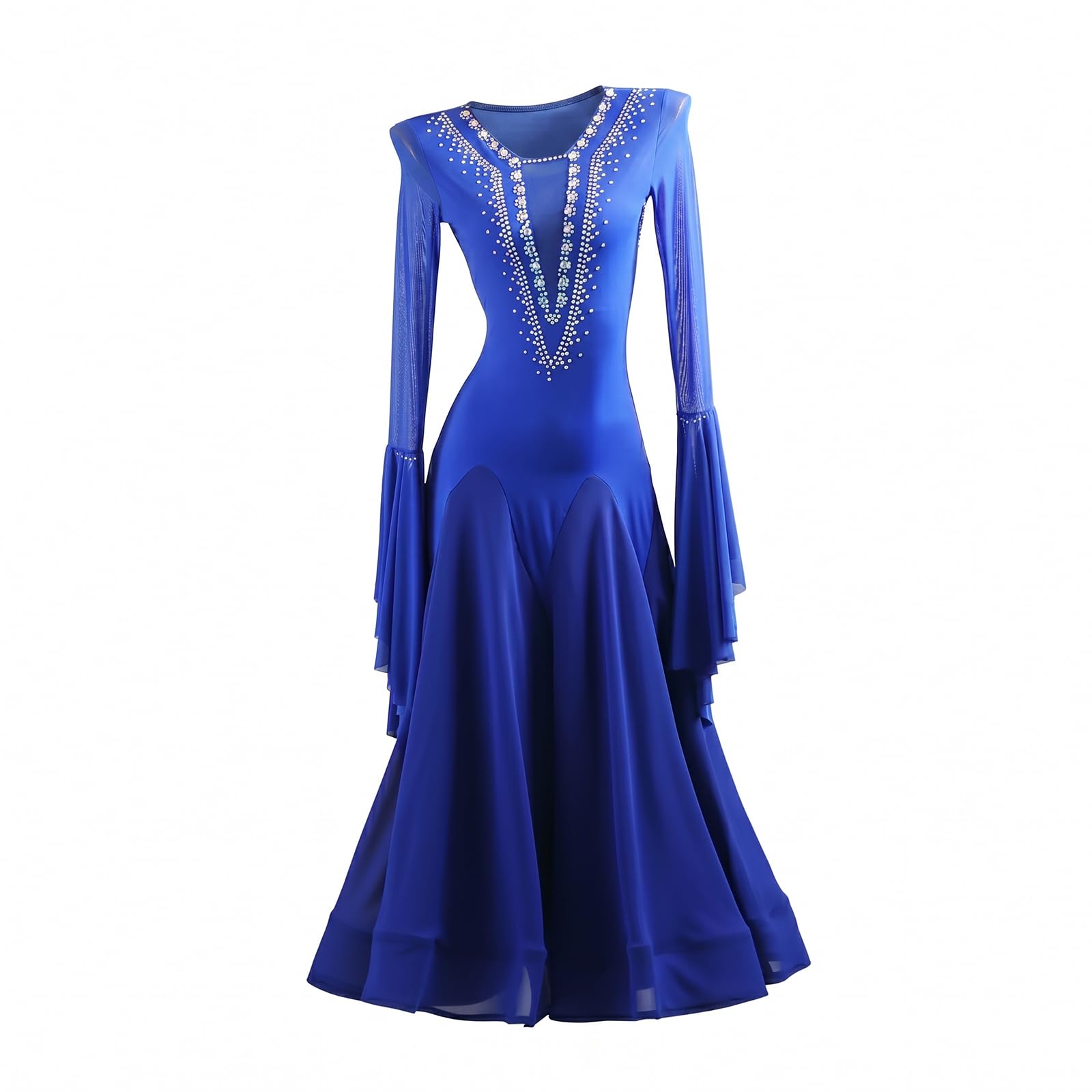 purpleq Rotes Turniertanzkleid mit Strasssteinen V-Ausschnitt Langarm Mesh Walzer Tango Foxtrott Standard Großer Pendel Tanzrock Walzerkleid