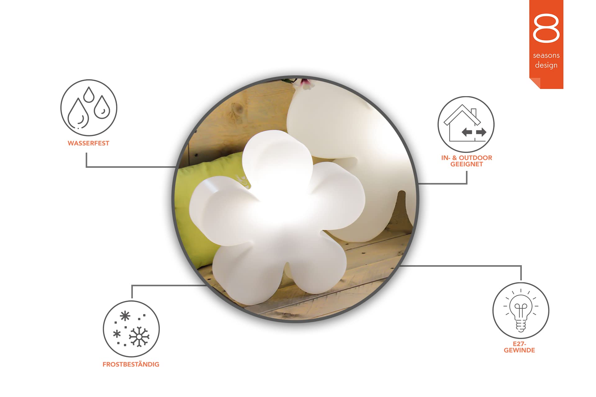8 seasons design Leuchtblume Shining Flower (E27, Ø 40cm, UV-beständig, für innen & außen, Gartendekoration, Deko Garten, Terrasse, Balkon) weiß