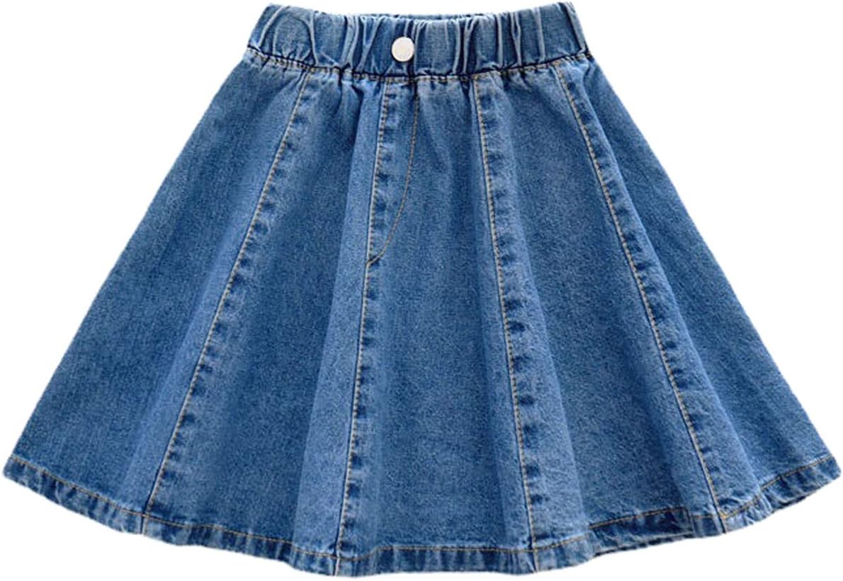 3-12 Years Skirts for Teen Girls Blue Elastic High Waist A Line Pleated Denim Skirt (Blue Pleated, 12-13 Years)