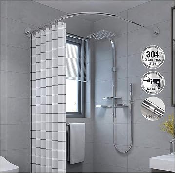 Expandable Shower Curtain Rod Curve, Adjustable Corner Bath Curtain Rail Bar L Shape, Stainless Steel No Drill/Drill, For Bathroom Tub Fitting Room Pole, A1,80-100cm x 80-100cm