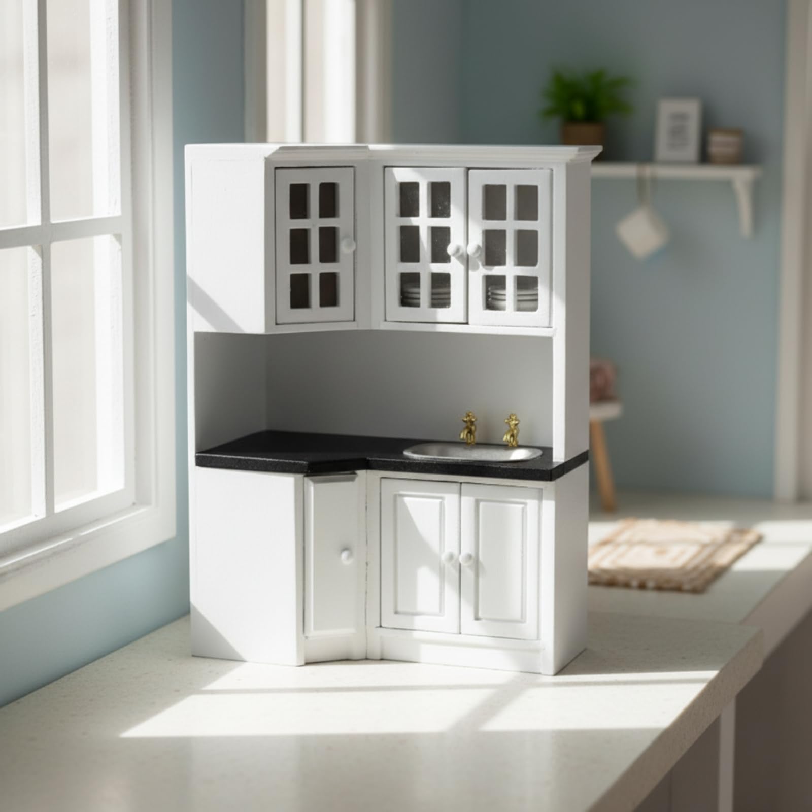 Miniatur-Küchenschrank aus Birkenholz detailliert Puppenhaus-Küchenschrank mit Spüle Sturdy Küchenzeile mit Spüle und Herd für Modellbauer,