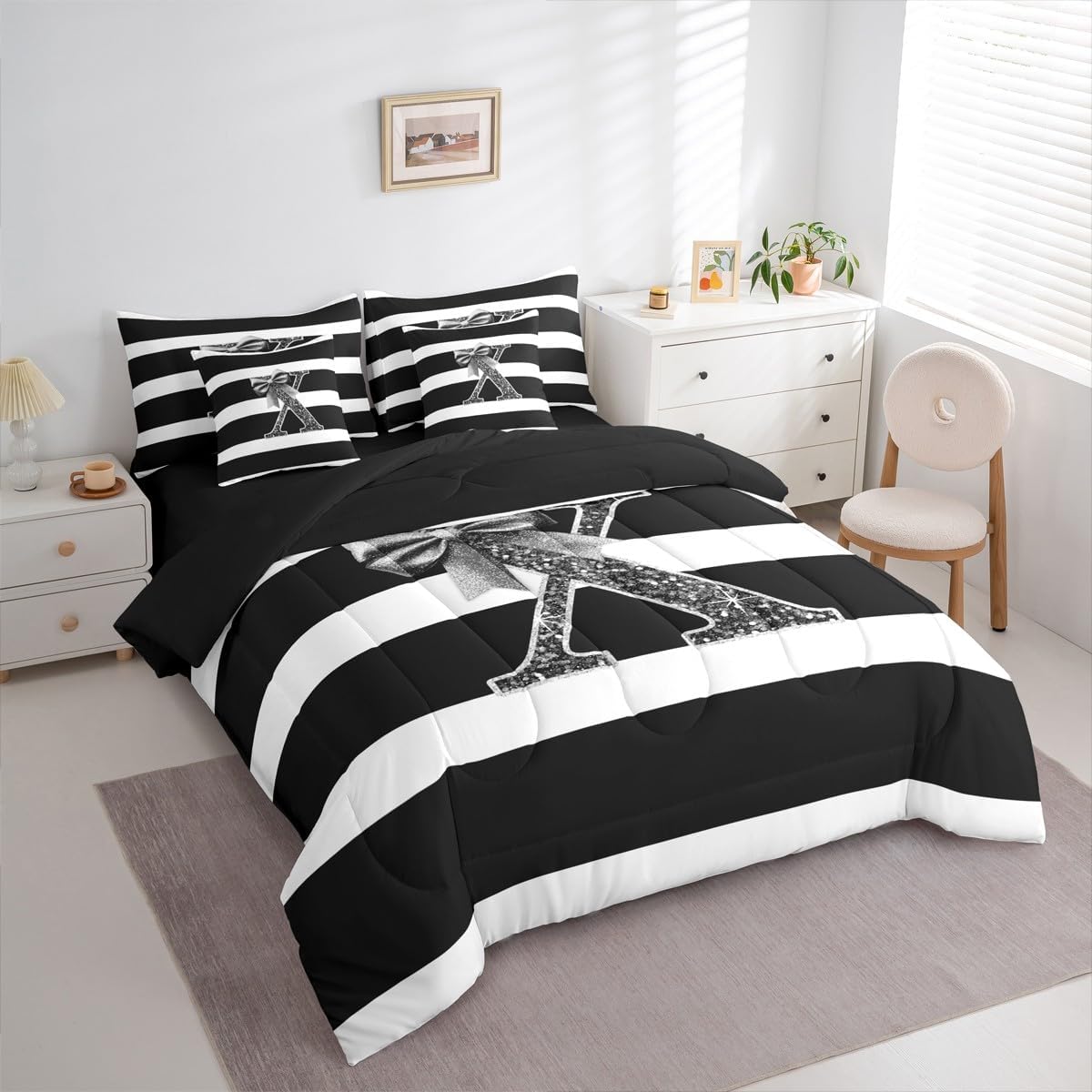 Erosebridal Initial Letter X Full Size 7 Piece Bedding Set Kawaii Bowknot Comforter Sets Modern Black Stripes Sheet Set for Teens Adult Women Cute Sequins Bow Bed in A Bag with Flat and Fitted Sheet