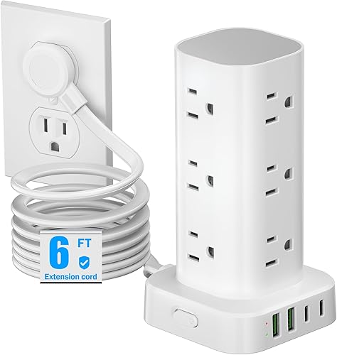 Miniatura 1 de Regletas de alimentación en torre con protección contra sobretensiones, cable de extensión plano de 6 pies con múltiples tomas, 12 puertos CA 4 USB,