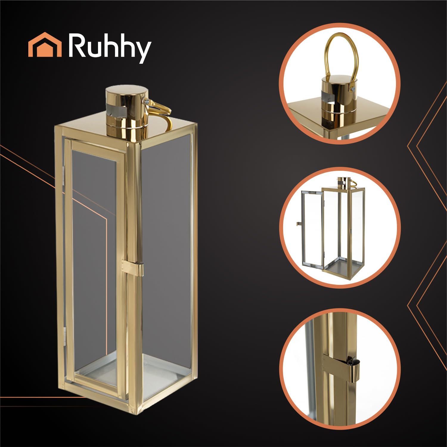 Set de faroles de Cristal Plateados RUHHY (3 uds., 63/49/38 cm) – Acero Inoxidable + Vidrio – para Velas LED y decoración en casa, terraza, jardín y Eventos (Oro)