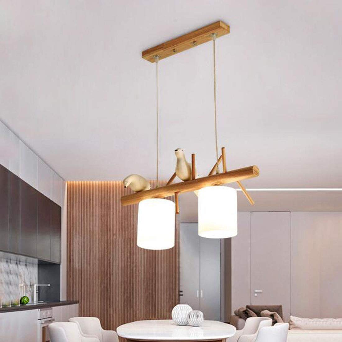 Lustre à oiseaux en bois massif avec 2 têtes lumineuses suspendues