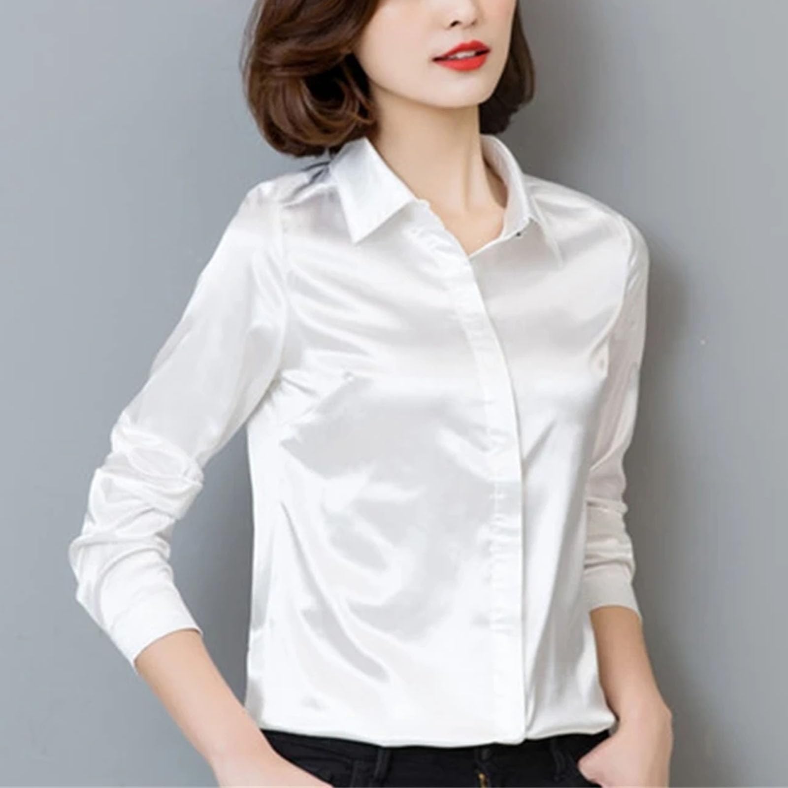 Camisa de seda satinada para mujer, de manga larga, elegante, para el trabajo, color blanco, azul y negro