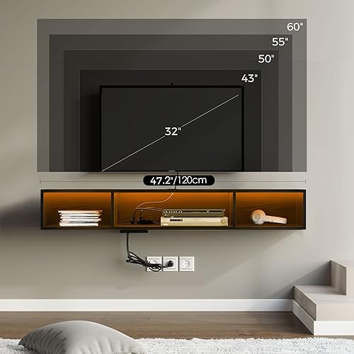 Miniatura 6 de Rolanstar Soporte de TV con toma de corriente, soporte de TV flotante con luces RGB, estante de TV montado en la pared de 47.2 pulgadas, consola