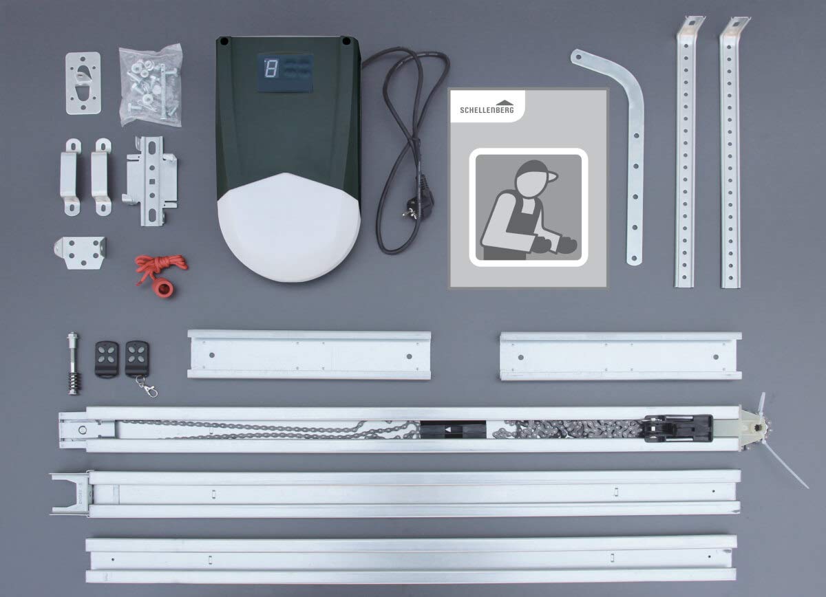 All components of the Schellenberg Smart Drive SD14 Garage Door Opener laid out, including the motor unit, rail, remotes, and mounting hardware.