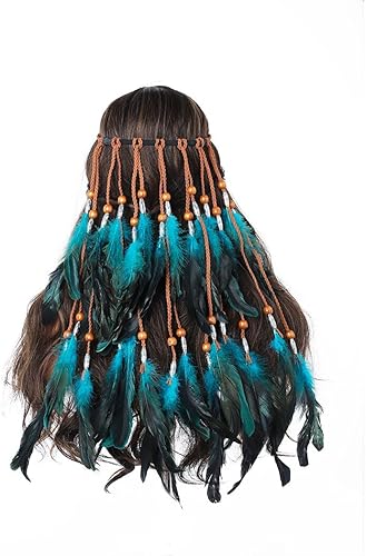 Miniatura 2 de Gangel Diadema de plumas bohemias, tocado indio gitano, elástico, hippie, plumas, con plumas azules y negras, cuerda de cáñamo larga con borla para