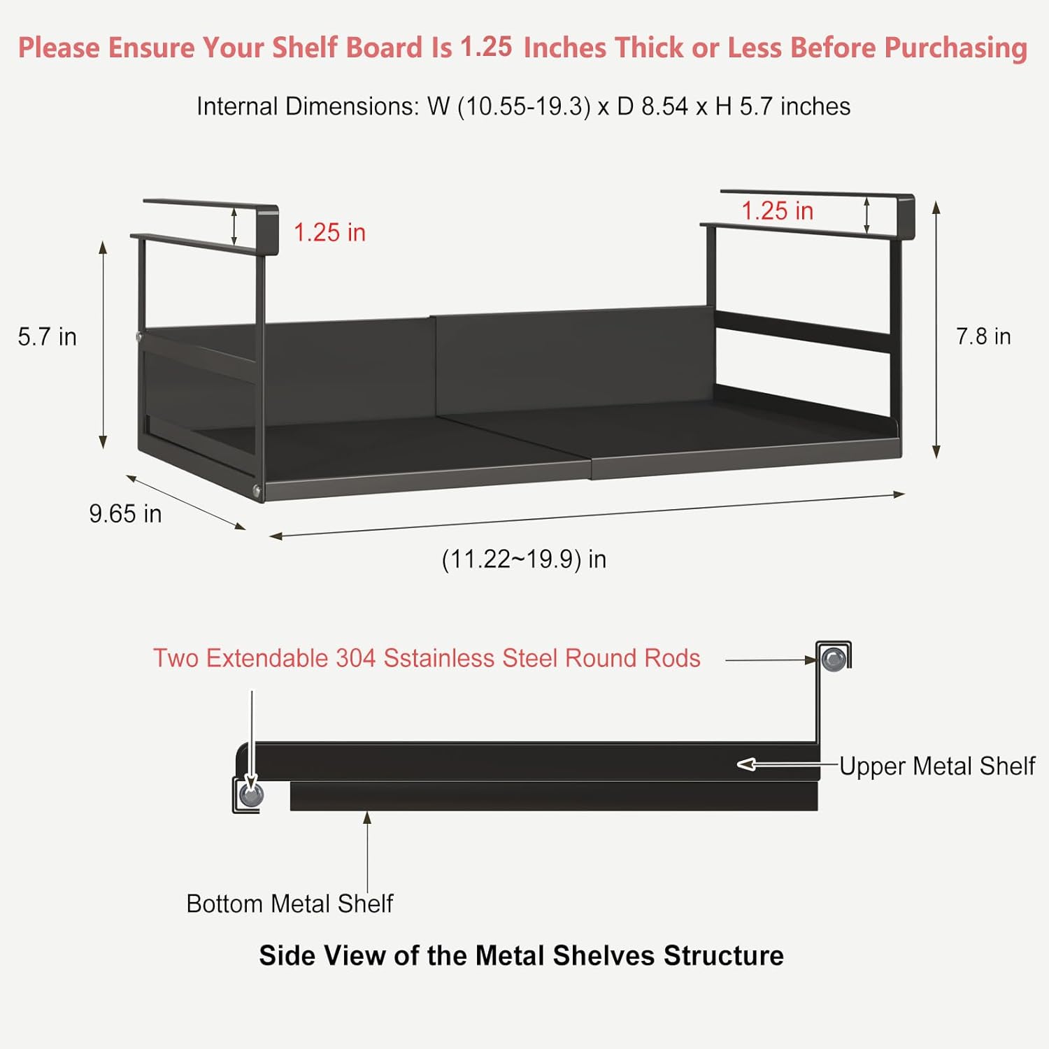 Expandable Under Cabinet Shelf Organizer with 1.25 Inches Thick Clips, Heavy Duty Extendable Under Shelf Storage Basket for Pantry or Laundry Room, Black, 2 Pack, Interior: 5.7" H x 8.54" D