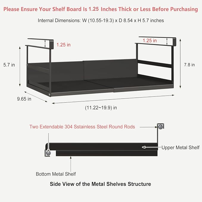 Organizador Expandible para Estante Bajo Gabinete con Abrazaderas de 1,25 Pulgadas de Grosor, Cesta de Almacenamiento Extendible y Resistente para Despensa o Lavandería, Negro, 1 Unidad, Interior: 5,7" H x 8,54" D miniatura 3
