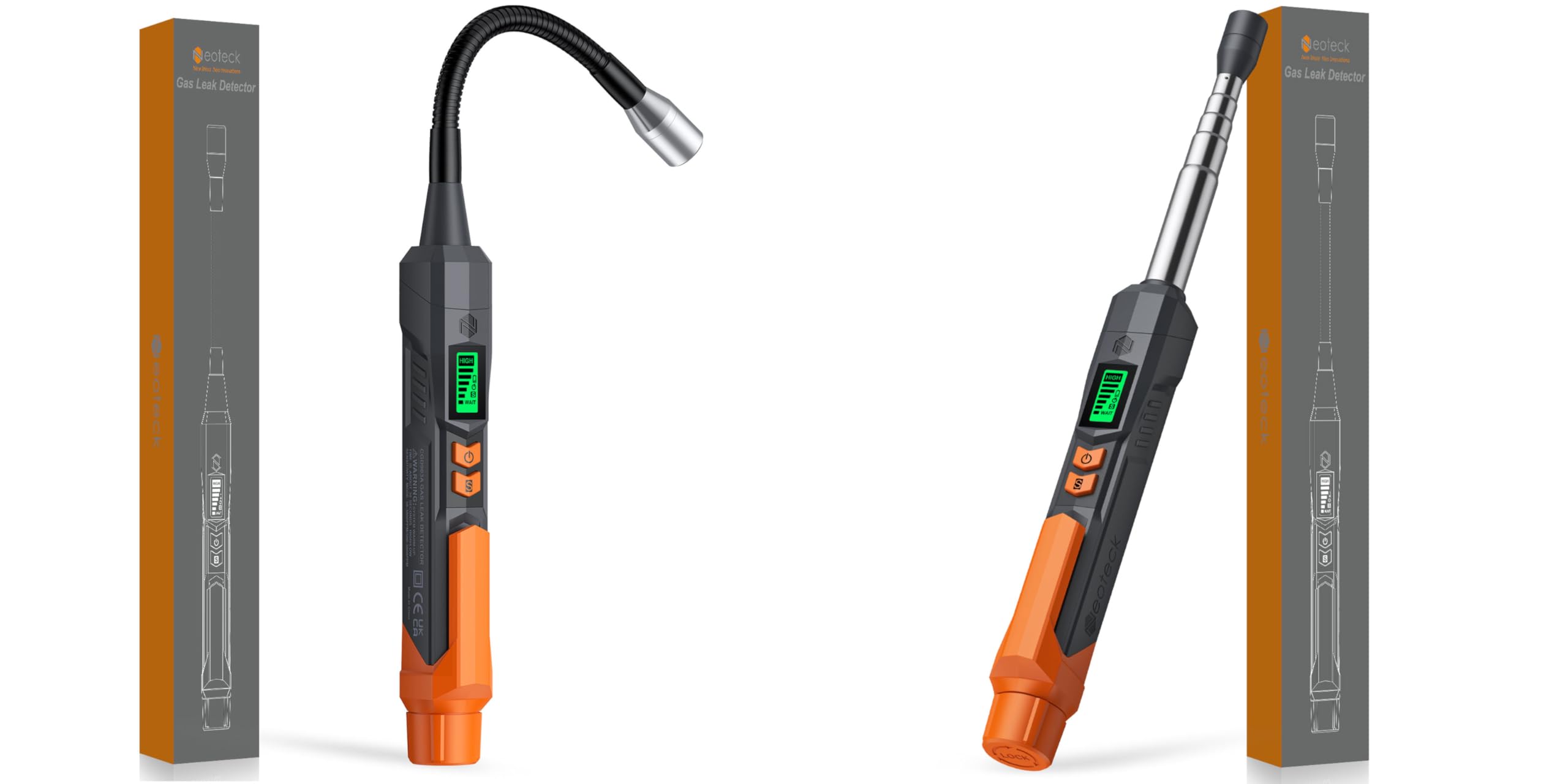 Neoteck Kit Professionale per Sicurezza Gas: 2 Rilevatori Portatili con Sonde da 10cm e 16cm, Sensibilità Regolabile per Metano, GPL - Controllo Caldaia, Cucina, Camper