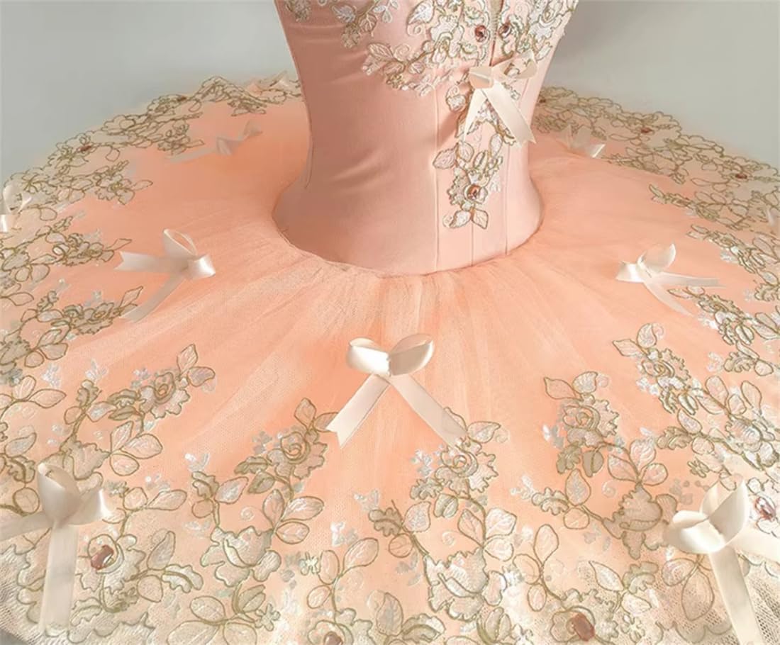 Girls Tutu Ballet Dress Professional Bow Swan Lake Skirt Pancake Embroidery Dancewear Costume,120cm,Champagne