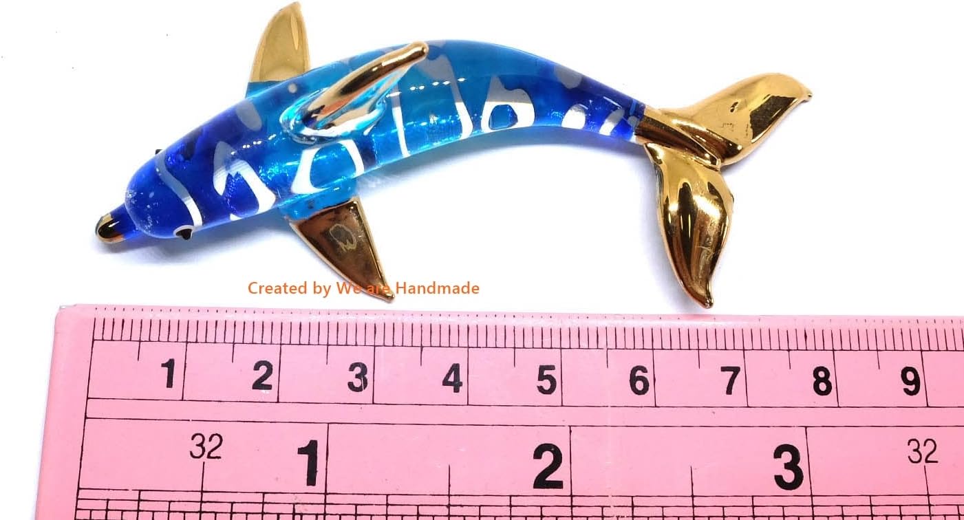 (Bundle of 2) Handmade Mini 3 inches Blue Dolphin Blown Glass Art Ocean Sea Animal Figurines Art, Cool Stuff, Sea Animals, Home or Garden Decor Gift Ideas (Ocean Wave and Current)