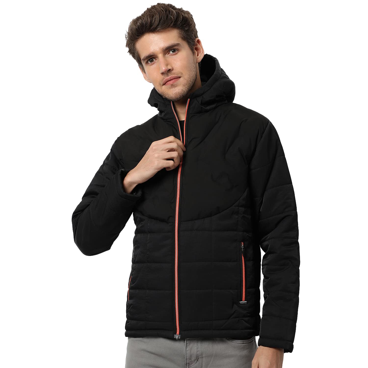 Campus Sutra Campus Sutra Men's Black Solid Puffer Regular Fit Bomber Jacket For Winter Wear | Hooded Collar | Full Sleeve | Zipper | Casual Jacket For Man | Western Stylish Jacket For Men in black
