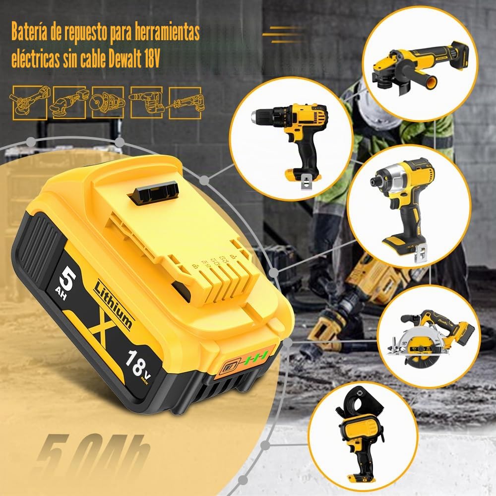 Batería de repuesto para Dewalt DCB182 (2 unidades, 5000 mAh, 18 V, 5 Ah, repuesto para baterías Dewalt DCB200, DCB184, DCB101, DCB107, DCB112, DCB105, DCB115, DCB203, con batería de herramientas LED)