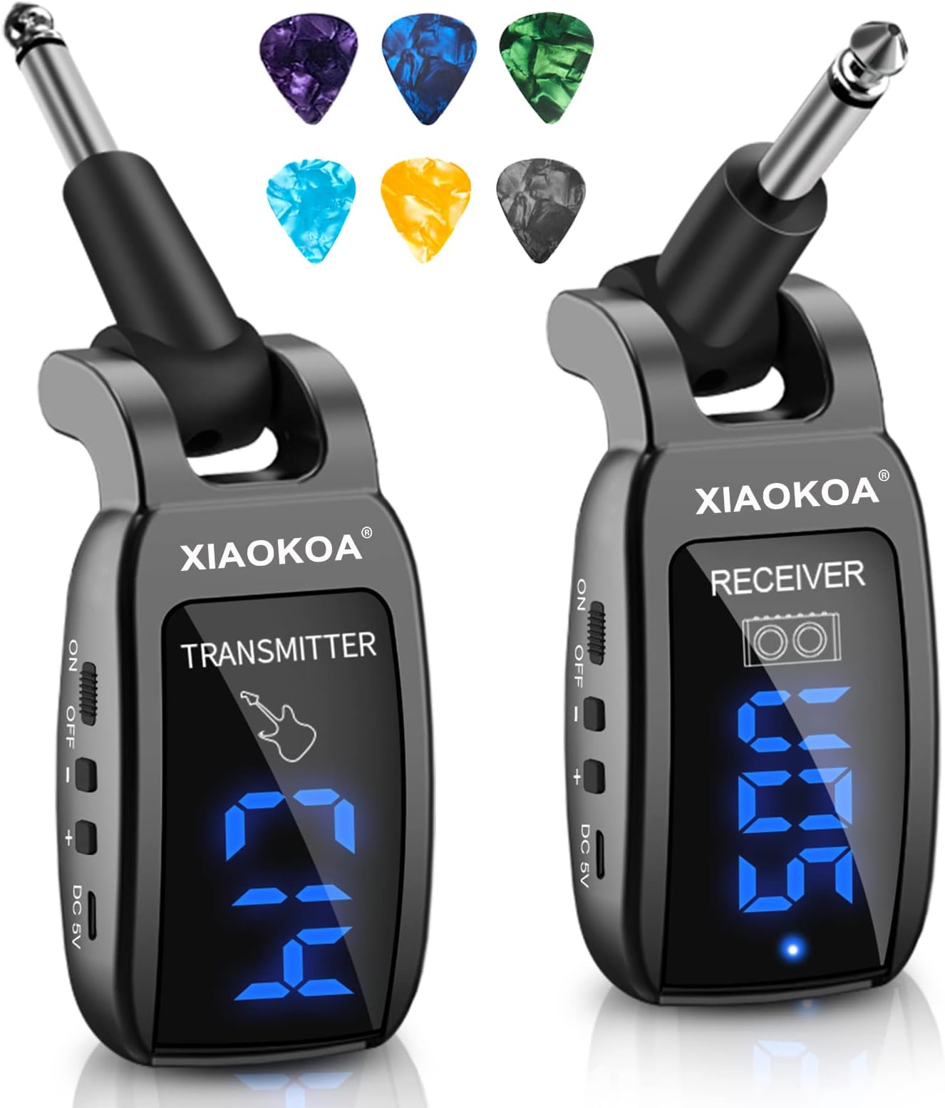XIAOKOA Wireless Guitar System, UHF Wireless Guitar Transmitter Receiver 164Feet Range with HD LED Screen for Electric Guitar Bass Musical Instruments （Black）