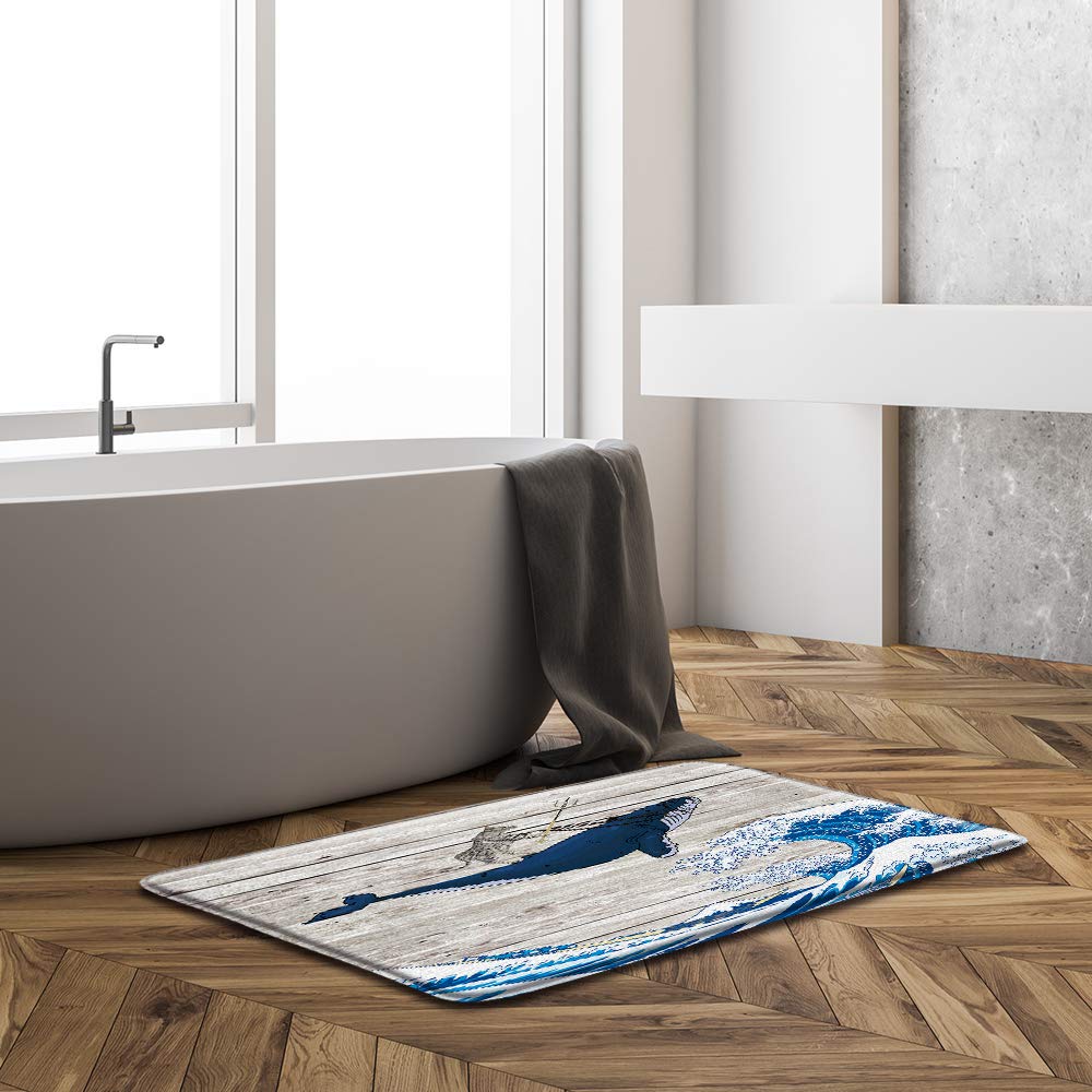 Funny Cat Riding Whale Bath Mat Japanese Great Waves on Rustic Wooden Plank Creative Animal 24
