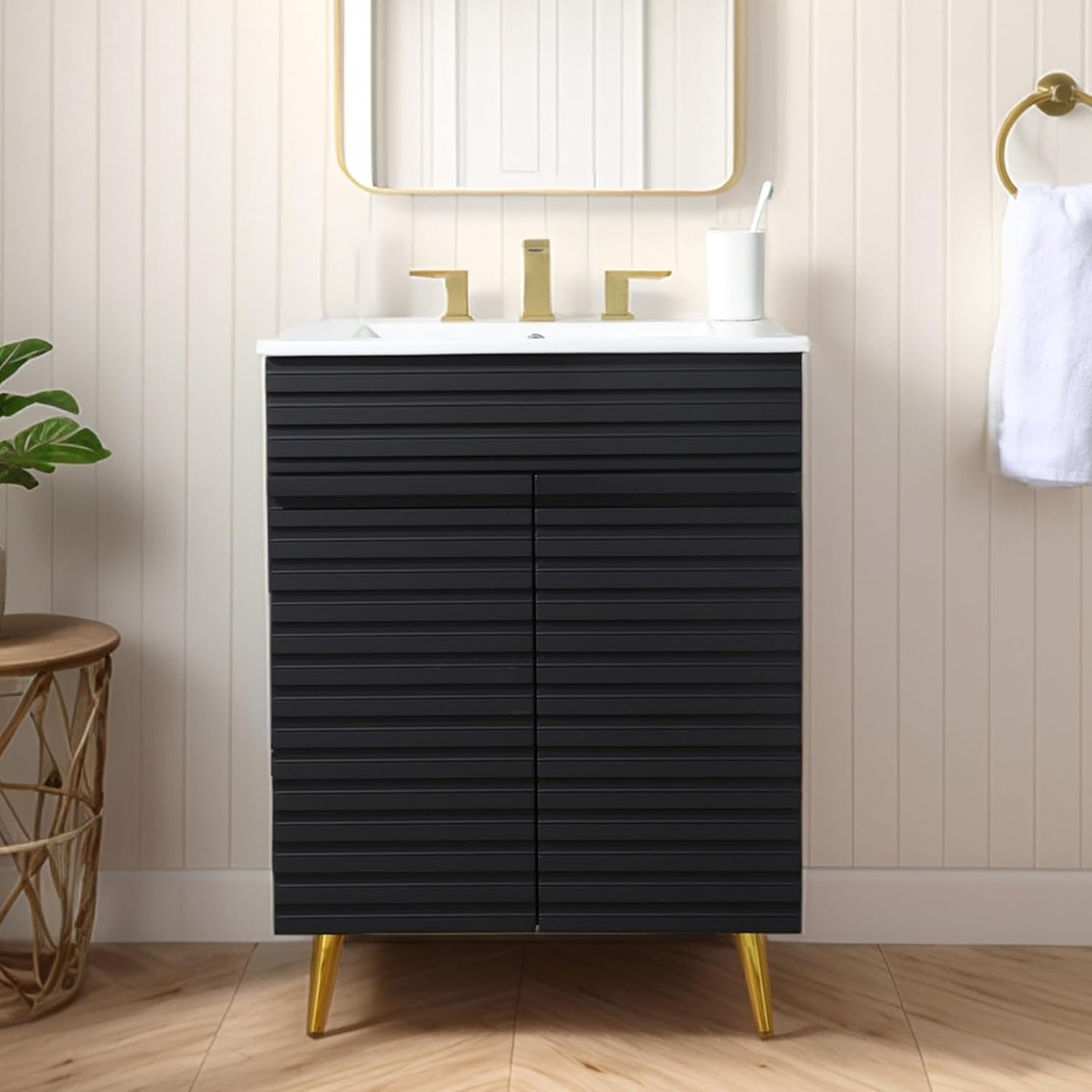 24 Inch Black Bathroom Vanity with Ceramic Sink, Modern Bathroom Cabinet with Soft-Close Doors, Space-Saving Design for Small to Medium Bathrooms