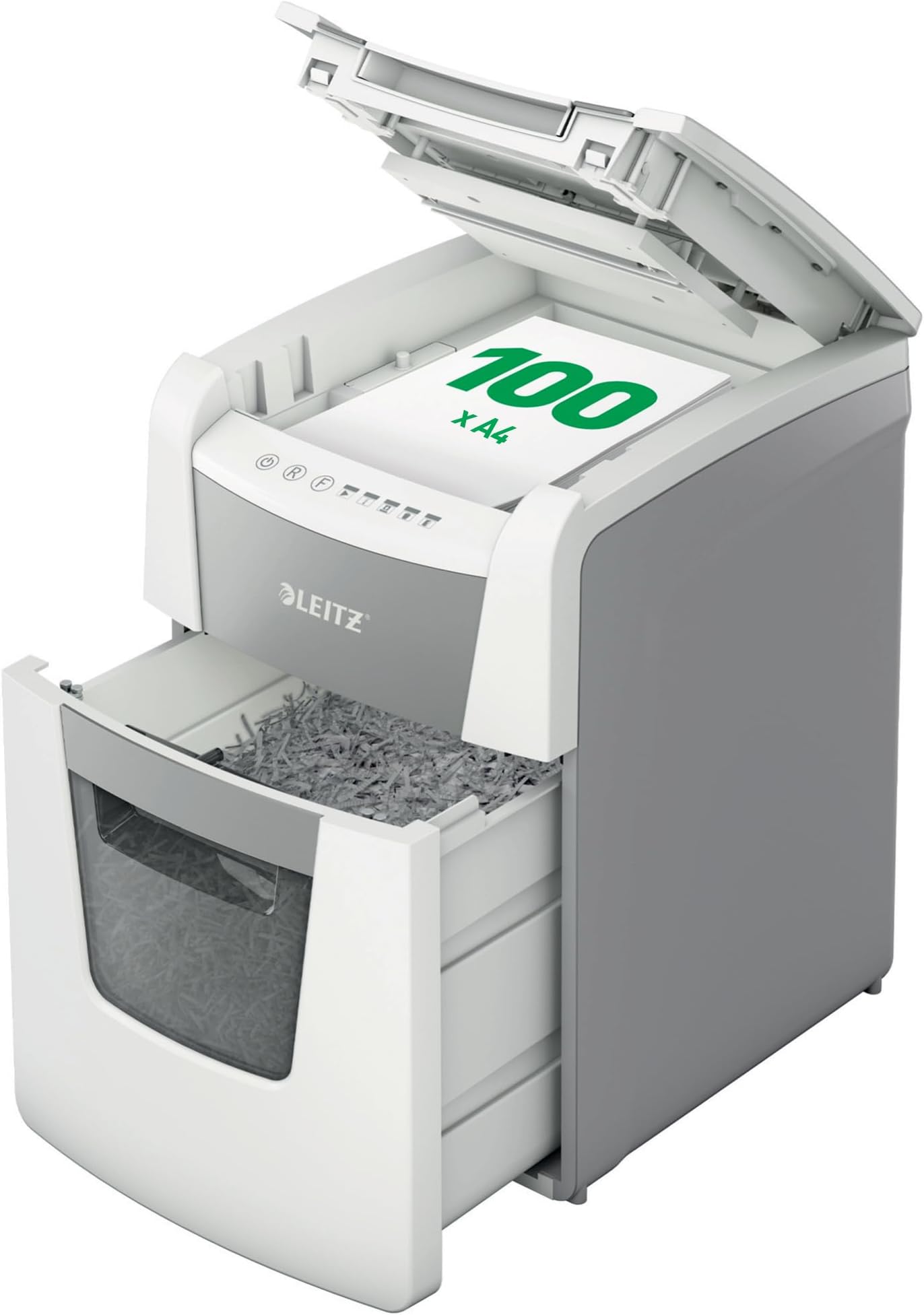 Leitz IQ Autofeed Small Office Micro Cut Paper Shredder P5, Automatic, 100 sheet, 34 Litre Bin Capacity, White, 80120000