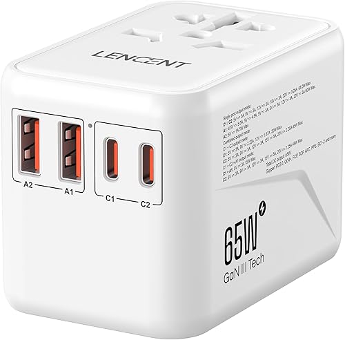 LENCENT Adaptador de viaje universal, cargador internacional GaN3 de 65 W con 2 QC4.0 USB-A+ 2 PD3.0 Tipo-C PPS de carga rápida, adaptador de salida