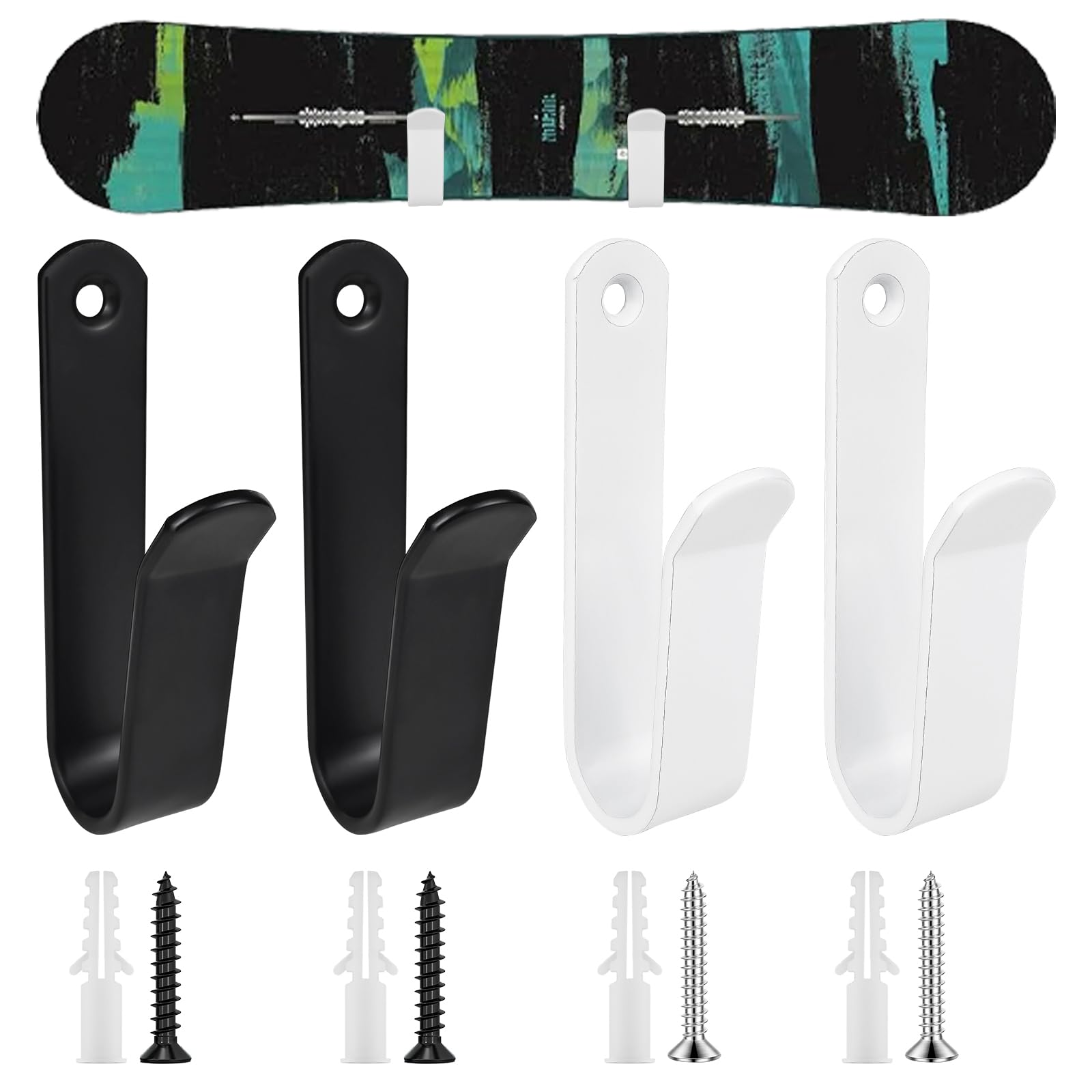 4 uchwyty ścienne do snowboardu, poziomego uchwytu na deskę snowboardową ze śrubami mocującymi i gumową ochroną do deskorolek, desek surfingowych