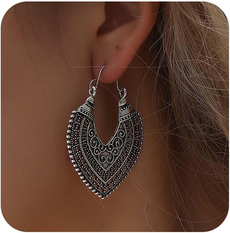 Vintage Tribal Heart Dangle Earrings Filigree Heart Hoop Earrings Silver Hollow Hearts Earrings Ethnic Gypsy Hoop Earrings Jewelry for Women - Image 2