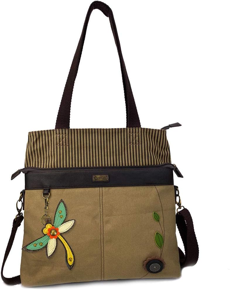 CHALA Denim Canvas Convertible Stripe Work Tote (Olive_ Dragonfly Keyfob)