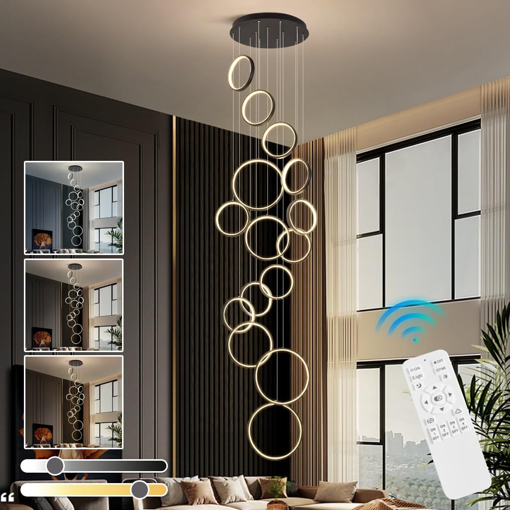 Modern LED Hängelampe Dimmbar Ringe Pendelleuchte Wohnzimmerlamp Aluminium Treppe Hängeleuchte Xuanguan Schlafzimmer Esszimmer Küchenlampe Höhenverstellbar Lampen(9-Ring)