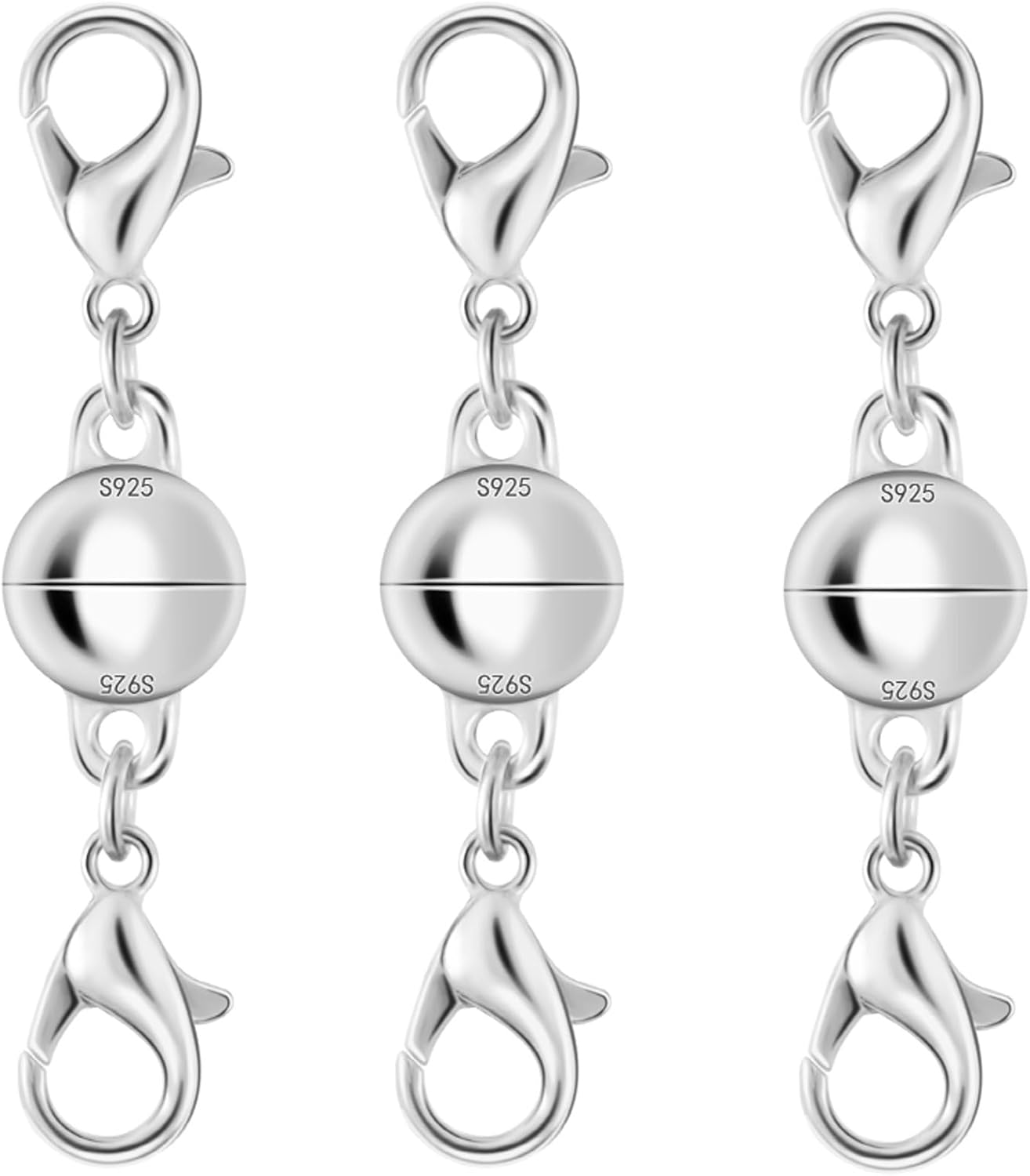 925 Silver Double Lobster Magnetic Necklace Clasps, Magnetic Necklace Clasps and Closures, Double Lobster Clasp Magnetic Jewelry Clasps for Necklaces (3pcs Silver)