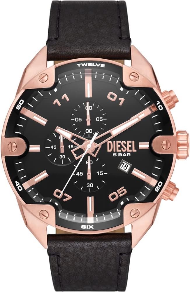 Diesel Spiked Watch for Men, Quartz Chronograph Movement with Leather Strap