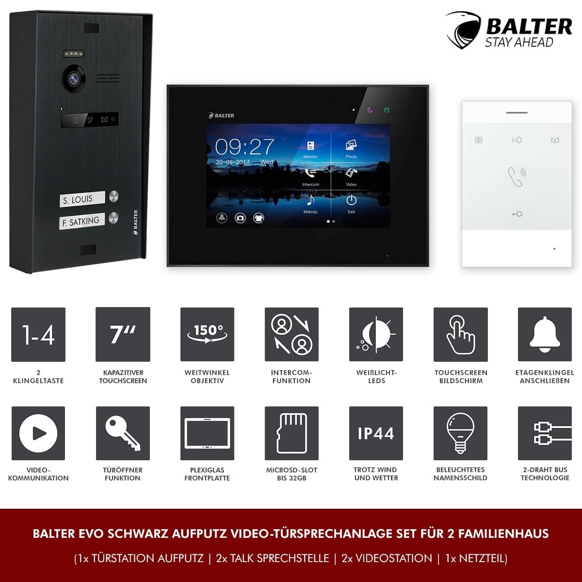 Nonic Balter EVO Aufputz Video-Türsprechanlagen Set 2 Familienhaus (1x Türstation mit Kamera, 2X Touchscreen 7 Zoll LCD-Monitor Schwarz, 2X Talk Analoge Sprechstelle, 2-Draht Bus, 150° Kamera)