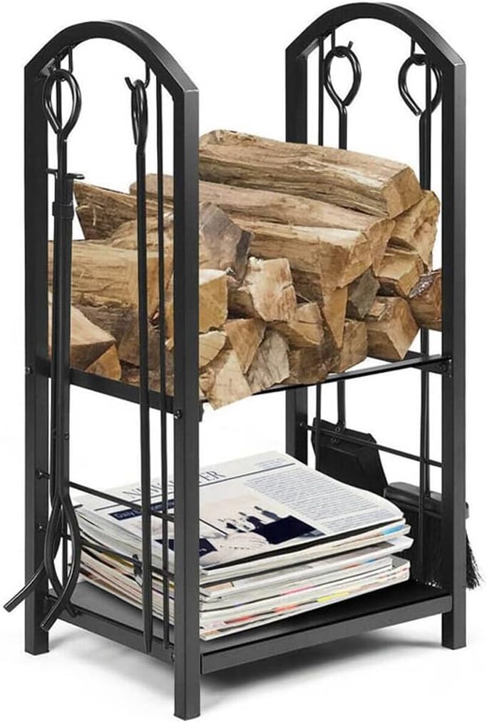 Heavy Duty Black Iron Firewood Storage Rack for Fireplace Multi Layer Shelf for Home Tool Rack for Organizing Firewood Durable Flooring Firewood Rack for Indoor Use,