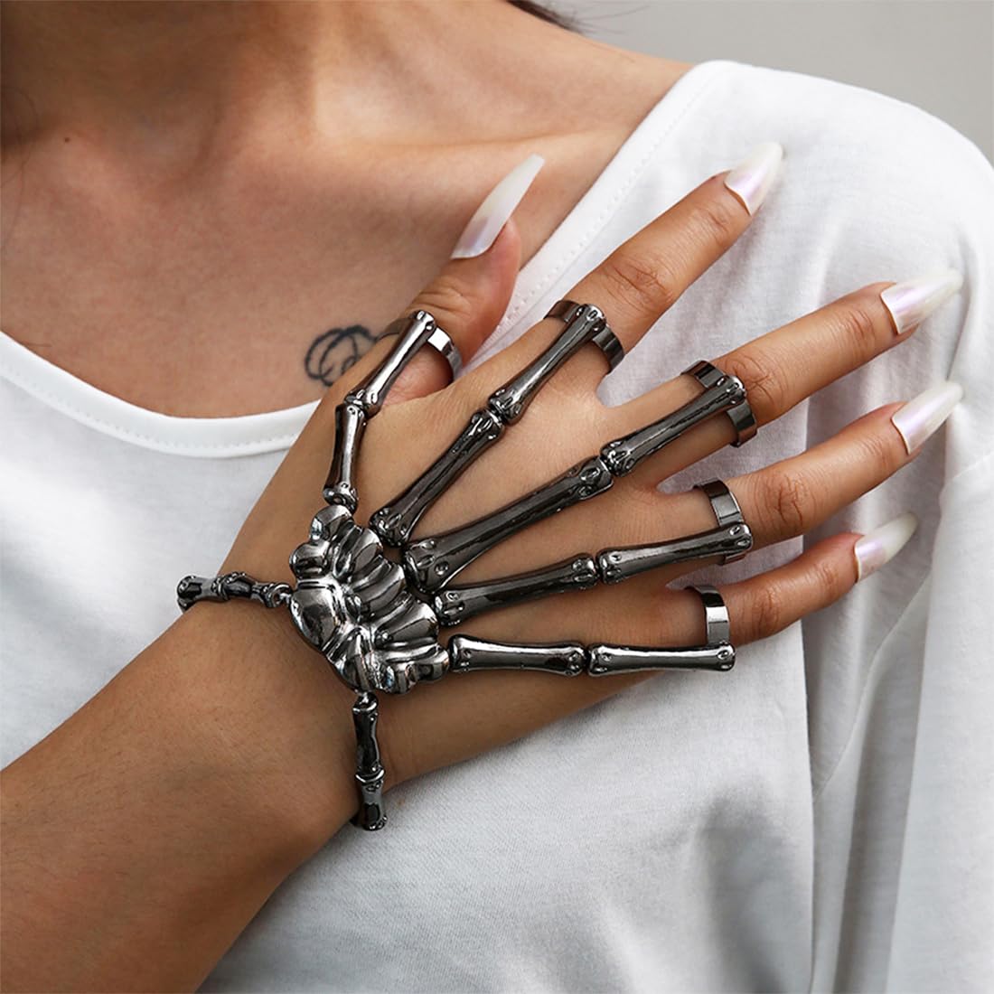 Bracelet Squelette Halloween Avec Anneau – Crâne Métal Réglable – Style Punk Gothique – Pour Femmes Et Hommes