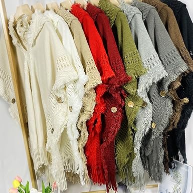 LIUYUYOUGO Poncho Femme,Poncho À Capuche Pour Femme Châles Enveloppes Avec Boutons Poncho Au Crochet À Franges Manteau Boho Hippie Tricoté Cape Pull