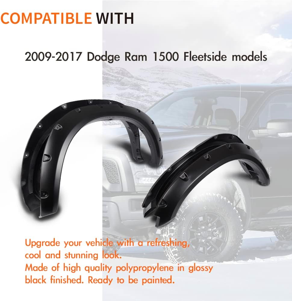 PIT66 Fender Flares 4 PCS Compatible With Dodge Ram 1500 2009-2018 Fit Dodge Ram 1500 Classic 2019-2022 (Excludes R/T & Rebel) Smooth Matte Pocket Riveted Style Wheel Flares Set Black