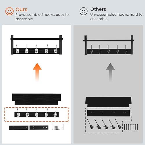 Miniatura 6 de Homode Perchero de pared con estante, colgador de entrada de madera con ganchos, pequeñas clavijas flotantes para colgar abrigos, sombreros, bolsos,