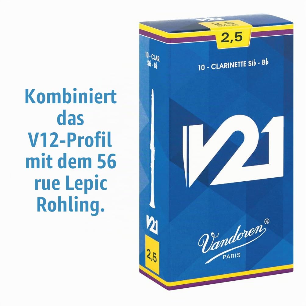 Vandoren CR8025 Blätter für B-Klarinette, Serie V21, Stärke 2,5, 10 Stück, Blau