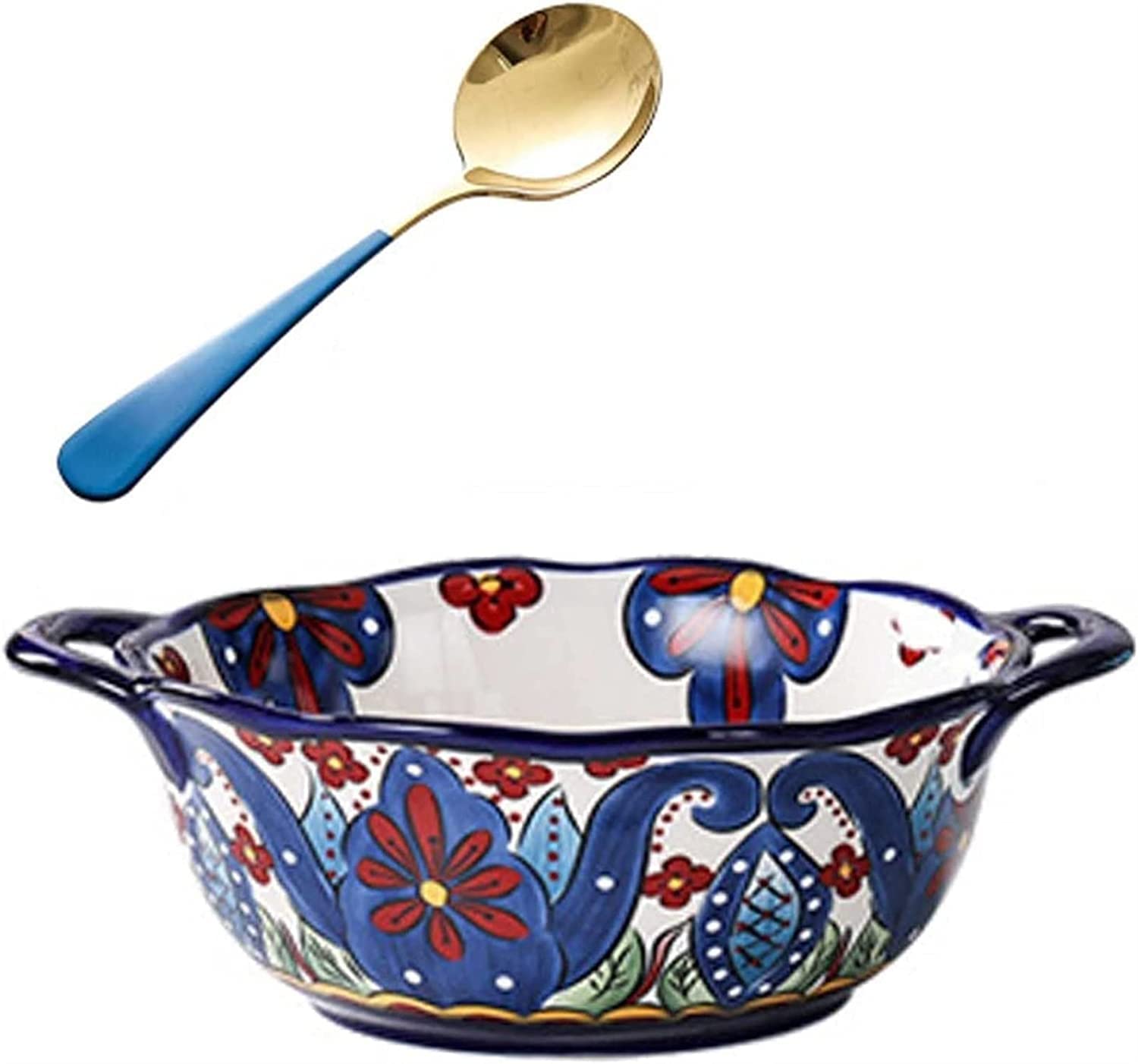 Henkel Suppentasse Suppenschüssel Elegante Suppenschüsseln aus Keramik mit Löffel, 26 Unzen große handbemalte Zwiebelsuppenschüssel mit Blumen und Griff, Frühstücks-Haferflocken-Salat-Müsli(Blu)