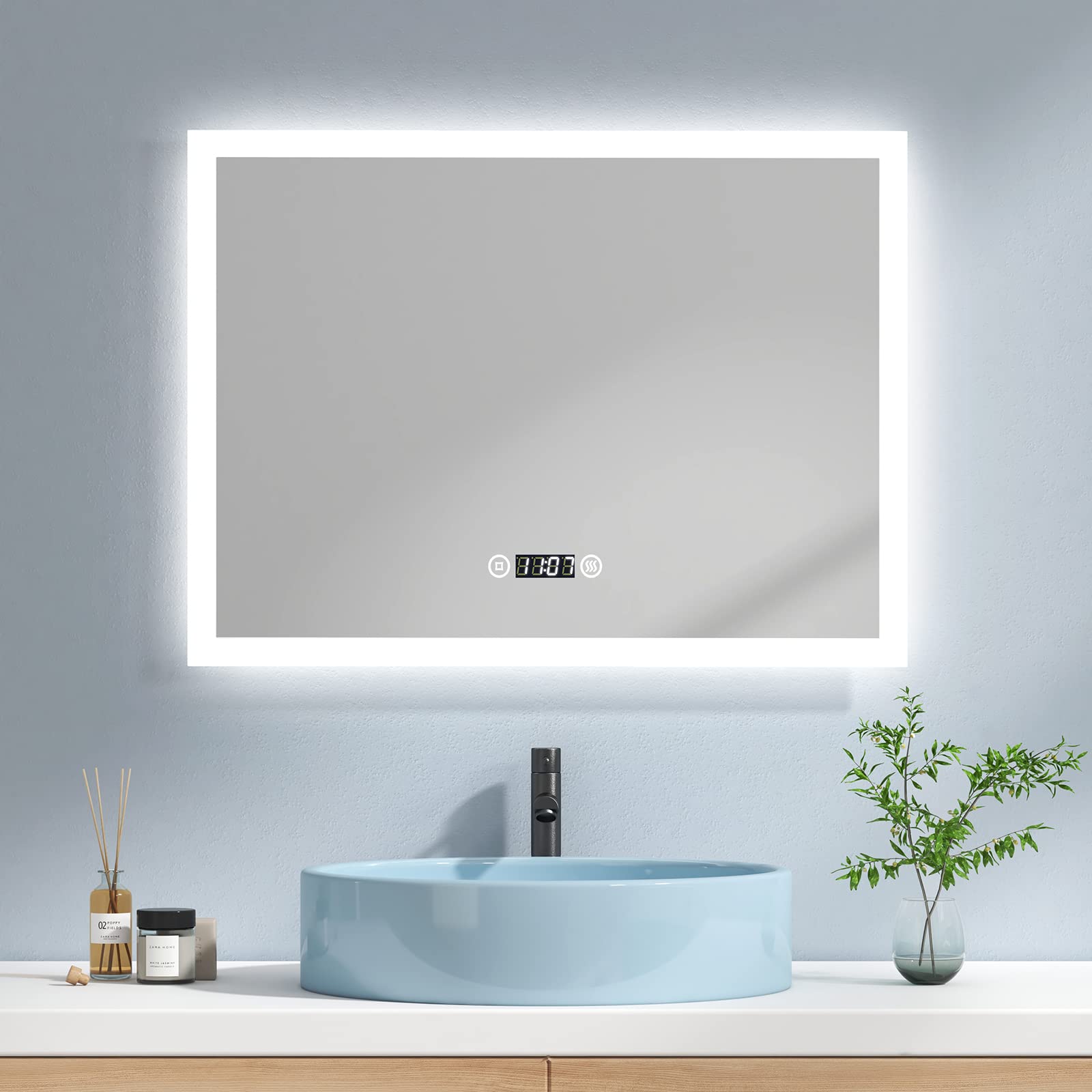 EMKE Lustro łazienkowe z oświetleniem LED, 80 x 60 cm, 3 barwy światła, zimna biel, neutralna biel, lustro łazienkowe z oświetleniem z włącznikiem dotykowym, powłoka przeciwmgielna, zegar, IP44