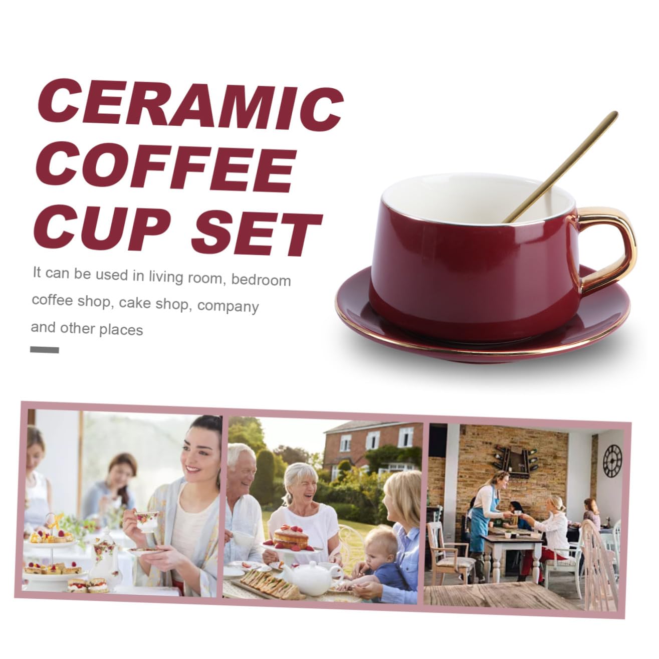 Juego de Taza y Plato de Café de Cerámica 250ml Rojo 2 Piezas