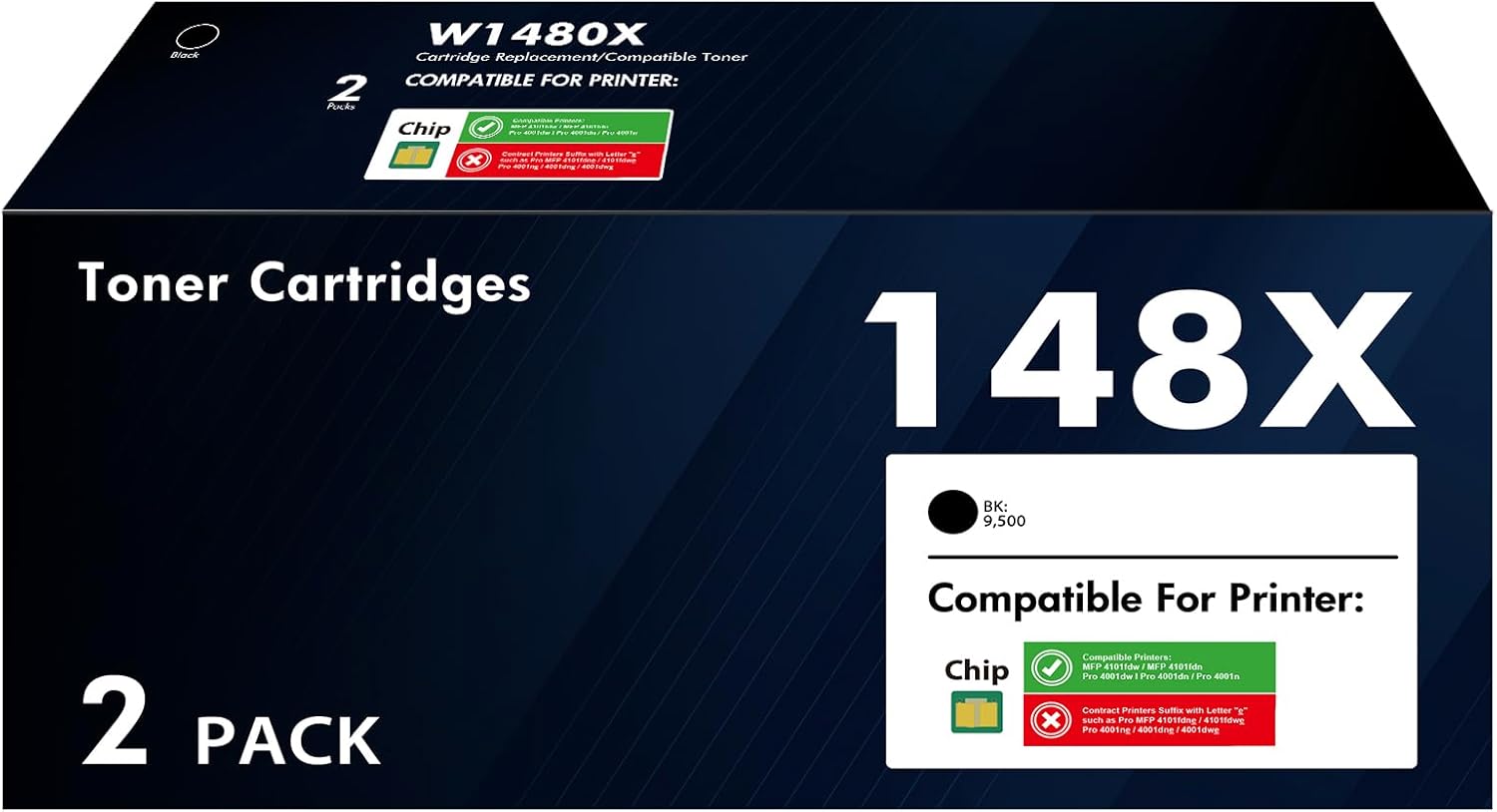 148X Toner Cartridge 148A with Chip Compatible Replacement for HP 148X 148A Black Toner Cartridge W1480A W1480X MFP 4101fdw 4101fdn Pro 4001dw 4001dn 4001n Printer Ink (2 Pack)