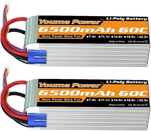 Youme 6S Lipo - Batería EC5, 2 paquetes de 22.2 V RC LiPo 6500 mAh 60C con enchufe EC5 para RC DJI E-Flite avión Quadcopter Helicóptero Align 7.2