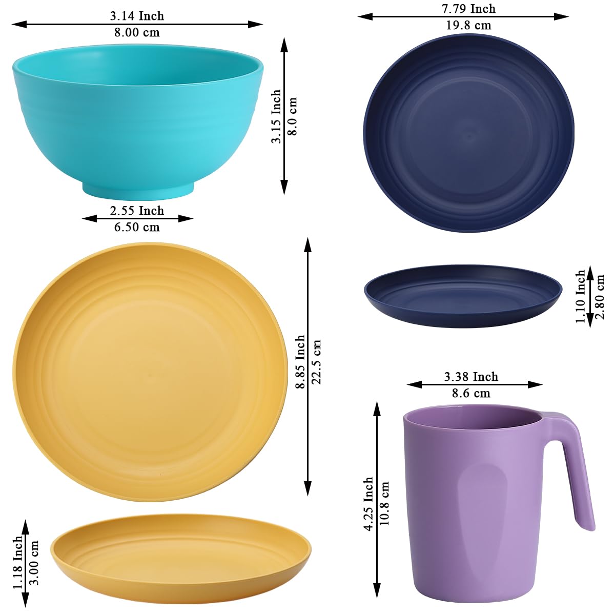 Kyraton Cubiertos de plástico Juegos de 32 piezas, reutilizables Platos ligeros Tazas Cuencos Platos Fácil de llevar y limpiar Microondas Seguro BPA Lavavajillas seguro Servicio seguro para 8