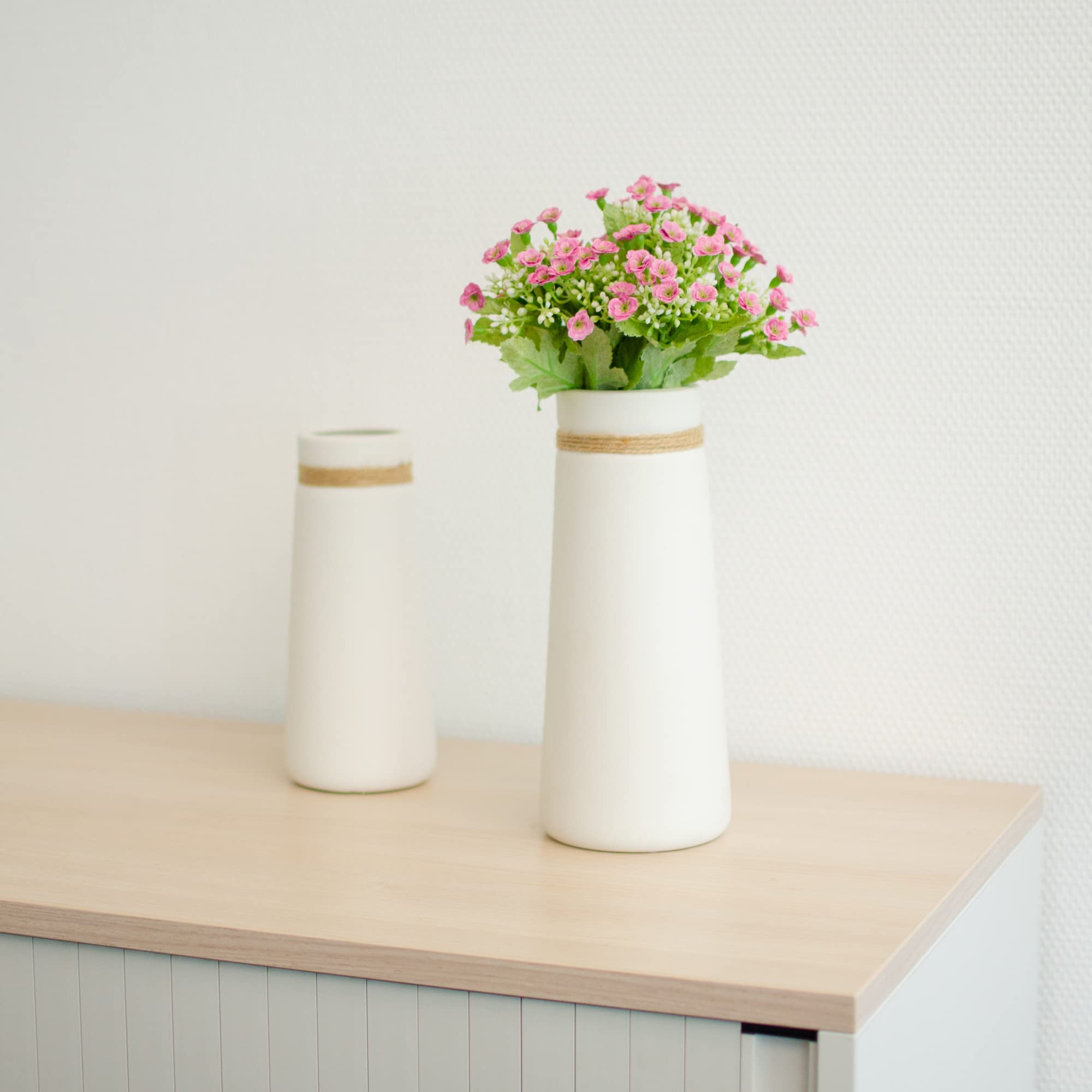 flature Vasi in Ceramica per Fiori stile Moderno Boho Deco, Set di vasi in Bianco, Decorazione per la casa Opaca anche per Fiori Secchi, adatto a Ufficio e Tavolo da Pranzo (Set di 2)