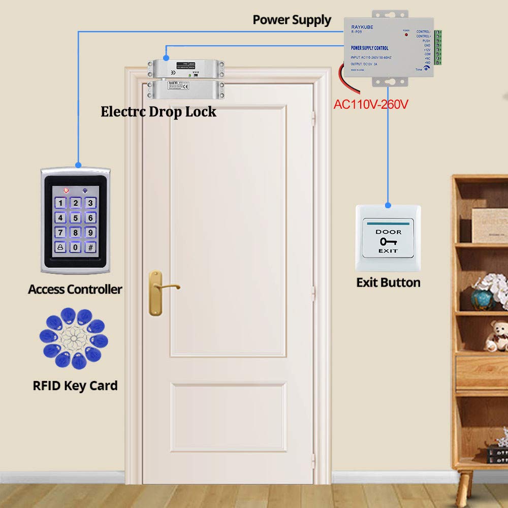 Kit Türzugangskontrollsystem Metall 125KHz RFID-Zugangskontrolltastatur EM-Lesegerät + Elektrisches Riegelschloss + DC12V / 3A-Netzteil + 10pcs Keyfobs