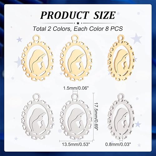Miniatura 2 de 16 dijes de acero inoxidable de 2 colores, 0.689 x 0.531 in, ovalados con colgantes, dijes de medalla italiana, colgante para fabricación de joyas o