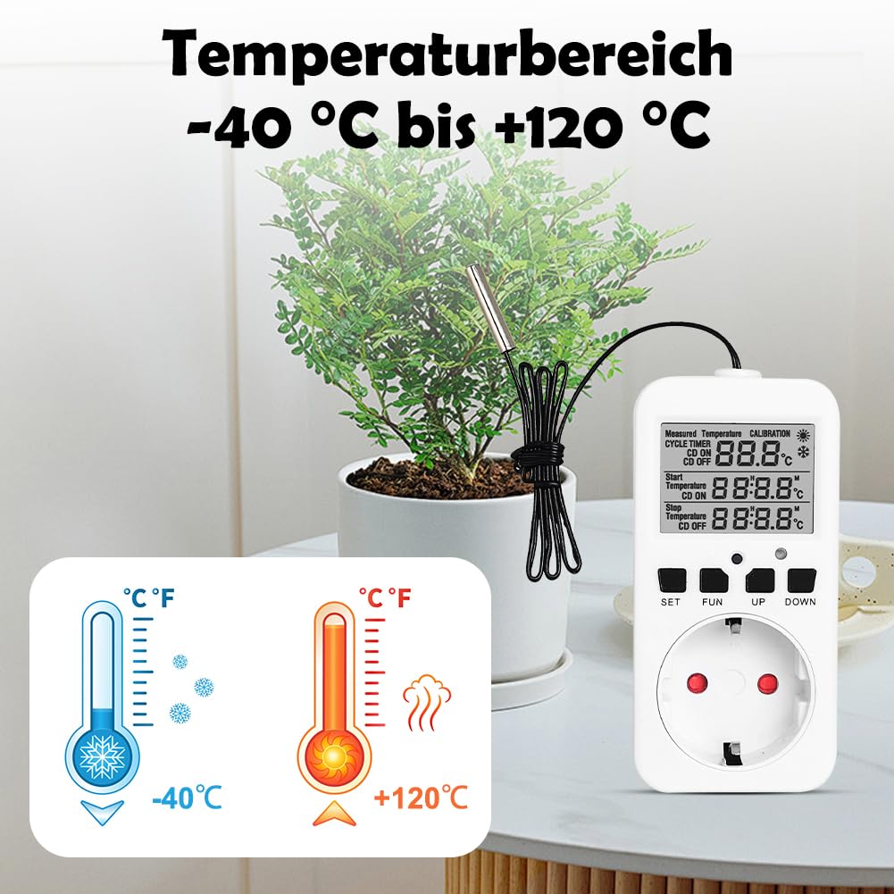 CEWROM Thermostat Steckdose, 16A 230V Heizungsthermostat Digital Temperaturregler mit Fühler, Thermostat Heizung für Gewächshaus Terrarium Heizung Kühlung Temperaturgesteuerte Stecker