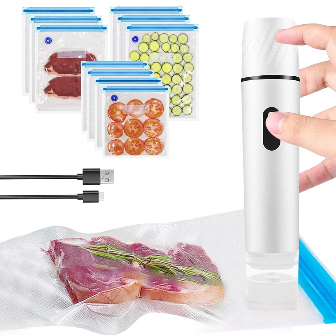 Sigillatrice sottovuoto portatile per alimenti, mini sigillatrice sottovuoto elettrica, ricaricabile, con 10 sacchetti sottovuoto riutilizzabili, per conservare e conservare gli alimenti